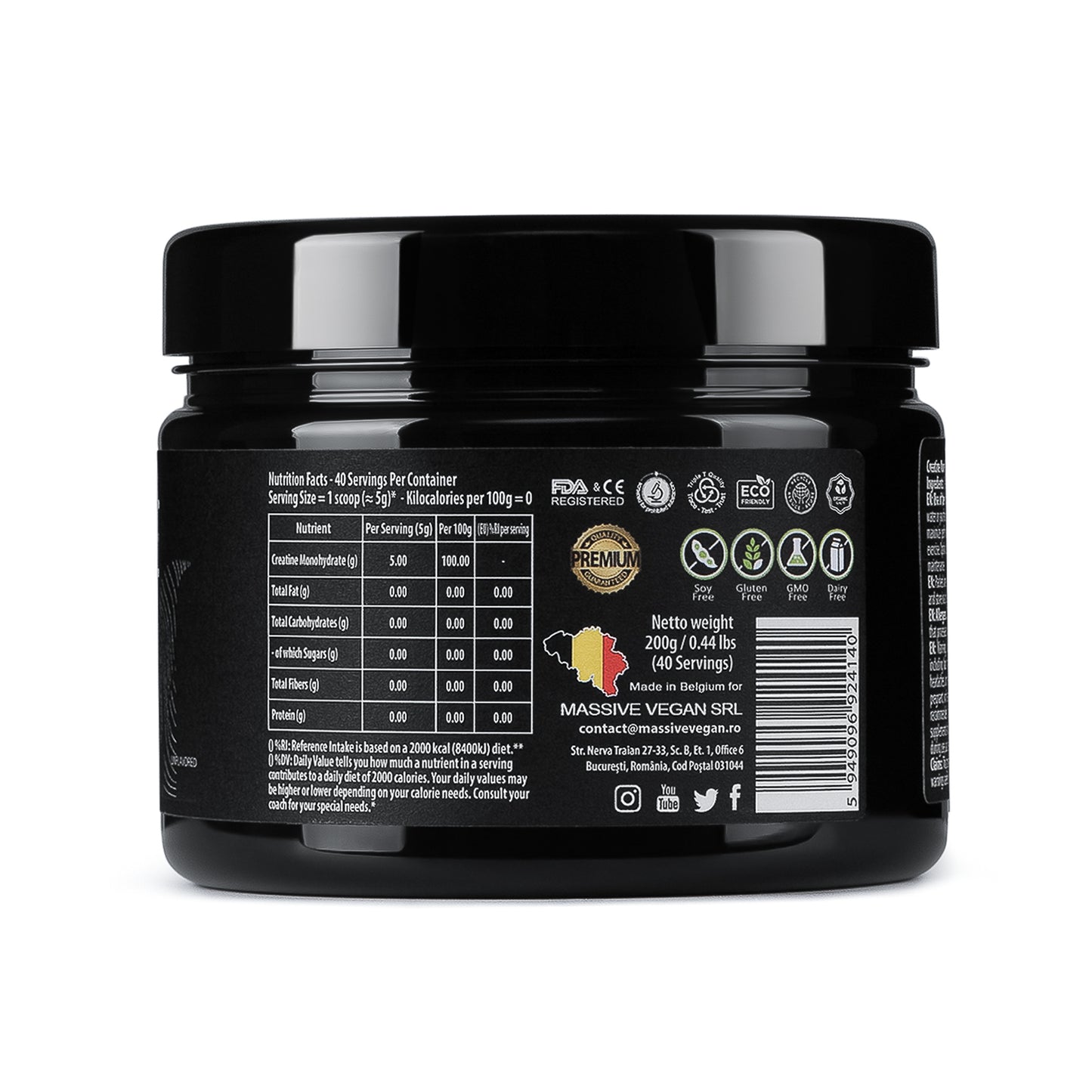Pure Creatine Monohydrate, 100% Micronized, Vegan 200g, 40 servings